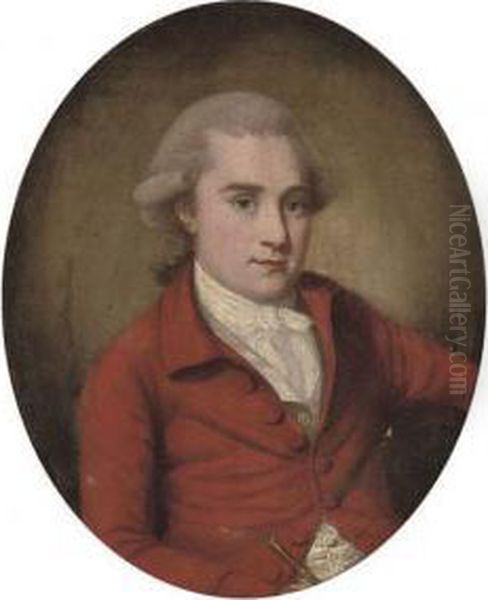 Portrait Of A Gentleman, 
Half-length, In A Red Coat And White Ruff, Holding A Riding Crop In His 
Right Hand, Painted Oval Oil Painting by Francis Alleyne