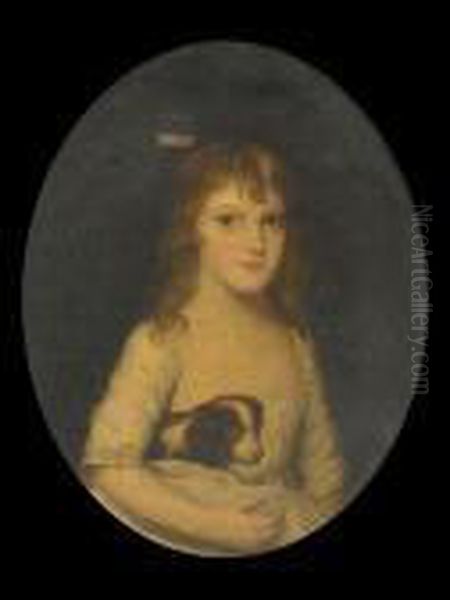 Portrait Of A Young Girl, Half-length, In A White Dress And Holding A Small Dog Oil Painting by Francis Alleyne