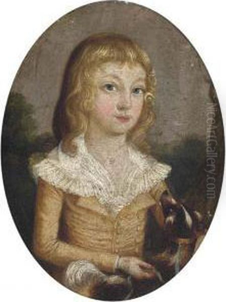 Portrait Of A Girl And Her Dog, Small Half-length, Wearing A Brownshirt, In A Landscape Oil Painting by Francis Alleyne