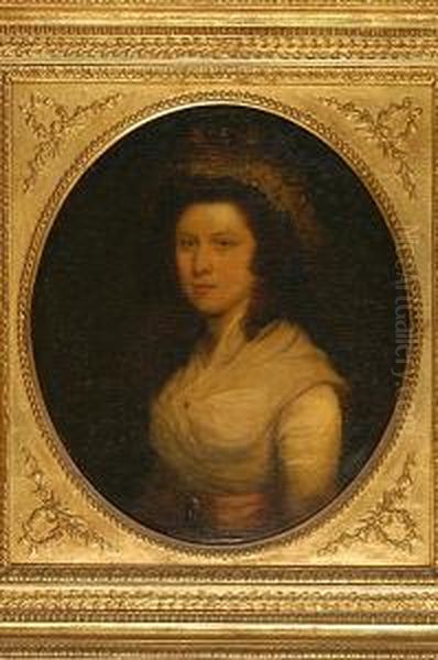 A Portrait Of A Lady, A Member 
Of The Walpole Family, With Lace Day Cap On Her Auburn Hair And Wearing A
 White Gown With Pink Sash Oil Painting by Francis Alleyne