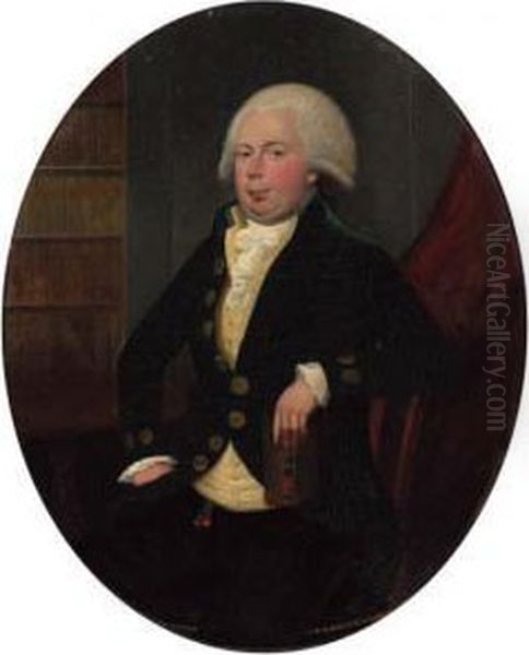 Portrait Of A Gentleman, Small 
Three-quarter-length, In A Greencoat And Yellow Waistcoat, Holding A 
Book, Seated In An Interior;and Portrait Of A Lady, Small Full-length, 
In A White Dress,holding A Book, Seated By A Table, A Landscape Though 
The W Oil Painting by Francis Alleyne