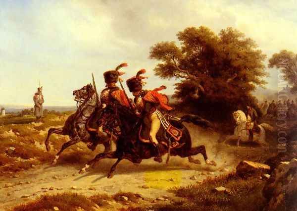 Hussards Escortant Napoleon (Hussards Escorting Napoleon) Oil Painting by Joseph-Louis Hippolyte Bellange