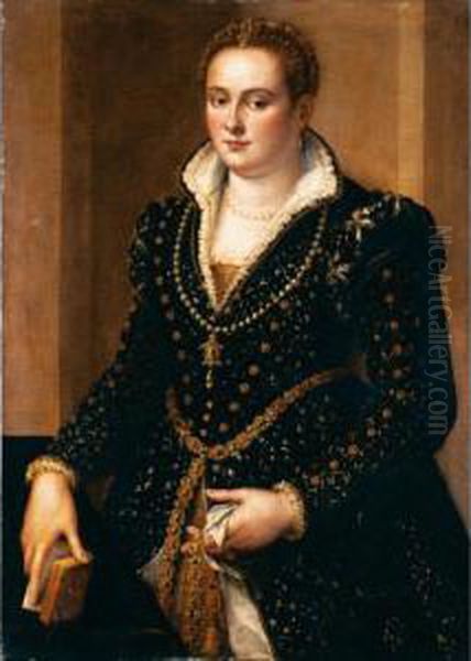 Ritratto Di Nobildonna In Abito 
Nero Con Decori In Oro, Collana Di Perle Con Pendente E Cintura Con 
Pietre Preziose. Oil Painting by Alessandro Allori