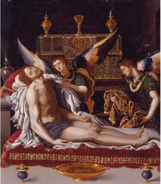 Dead Christ Attended By Two Angels Oil Painting by Alessandro Allori