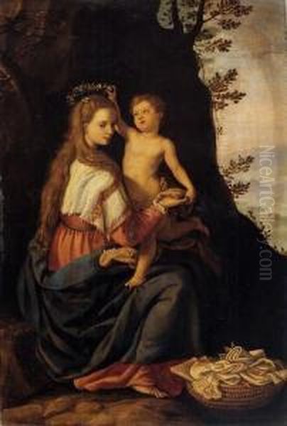 Madonna Being Crowned With A Garland Of Flowers By The Christ Oil Painting by Alessandro Allori