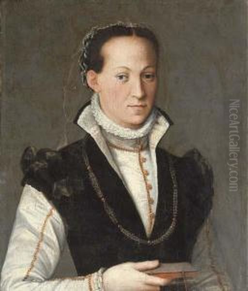 Portrait Of A Lady, Half-length,
 In A High-necked Gown With A Ruff And Gold Brocade Trim, A Book In Her 
Right Hand Oil Painting by Alessandro Allori