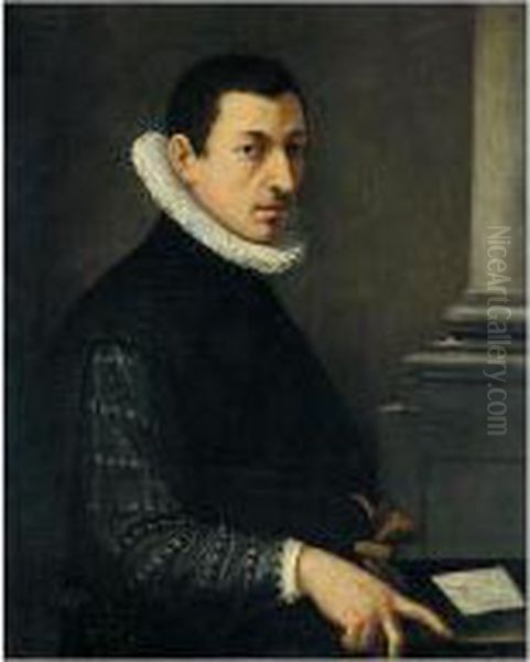 Portrait Of A Gentleman, Half 
Length, Wearing A Black Embroidered Jacket And A White Ruff Holding A 
Pair Of Gloves Oil Painting by Alessandro Allori