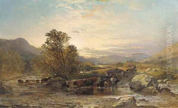 Highland cattle crossing the Echaeg, Argyllshire Oil Painting by Samuel Bough