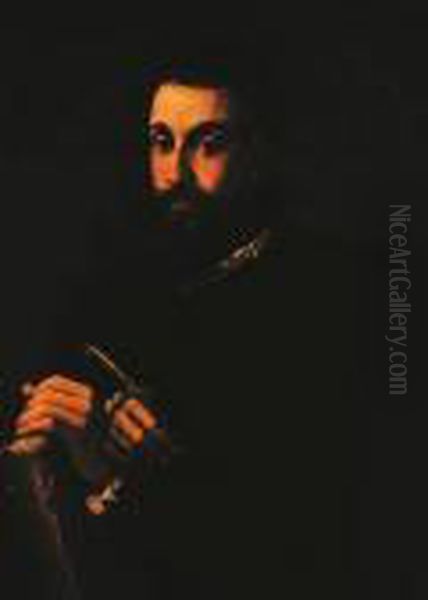 Portrait Of A Gentleman, Half-length, In A Black Costume, Holding Abook And A Quill Oil Painting by Cristofano Allori