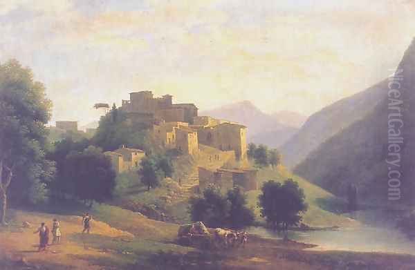 Landscape with a town on the edge of a river and an ox-drawn cart and figures in the foreground 1827 Oil Painting by Jean-Victor Bertin