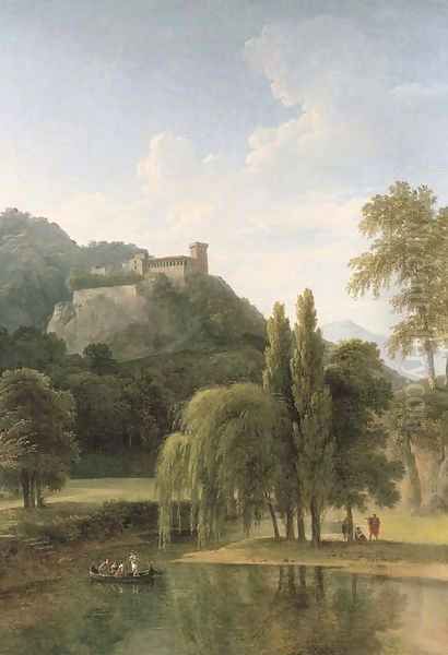 A river landscape with classical figures in a boat, a hilltop castle beyond Oil Painting by Jean-Victor Bertin