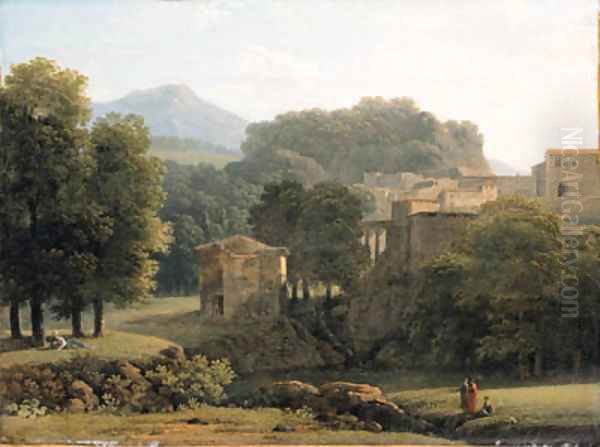 A wooded classical Landscape with Figures by a Brook, a town beyond Oil Painting by Jean-Victor Bertin