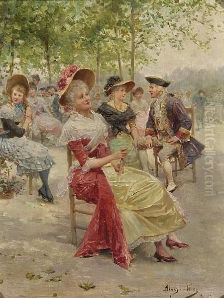 Ladies And Gentlemen Seated In A Park Oil Painting by Alonso Perez