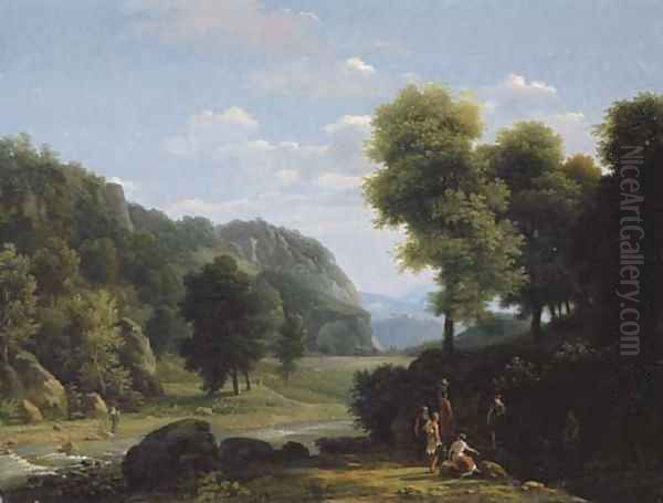 An Italianate landscape with women collecting water, a shepherd and his flock beyond Oil Painting by Jean-Victor Bertin