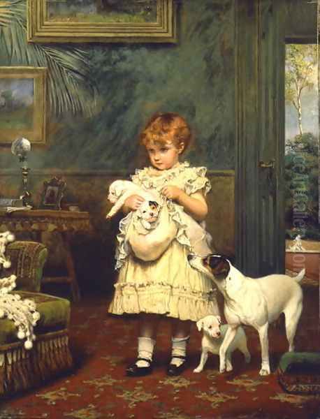 Girl with Dogs 1893 Oil Painting by Charles Burton Barber