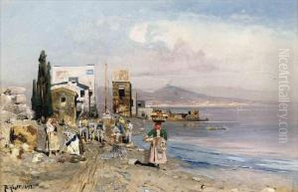 Fisherfolk On The Neapolitan Coast Oil Painting by Robert Alott