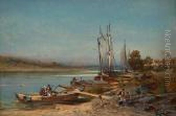 Bateaux Au Bords De La Riviere Oil Painting by Robert Alott