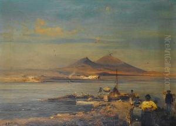 Unloading The Catch, Bay Of Naples Oil Painting by Robert Alott