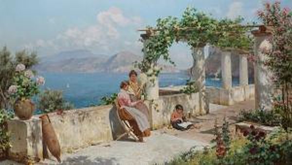 Figures On A Terrace In Capri Oil Painting by Robert Alott