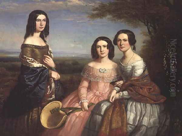 Group portrait of three girls in a landscape Oil Painting by William Bliss Baker