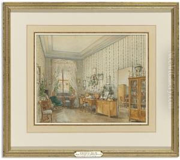 Interior Of A Sitting Room With Green And White Wallpaper Oil Painting by Franz Alt