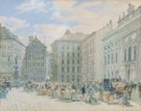 Blick Auf Die Freyung In Wien Mit Dem Palais Harrach Und Dem Austriabrunnen Oil Painting by Jacob Alt