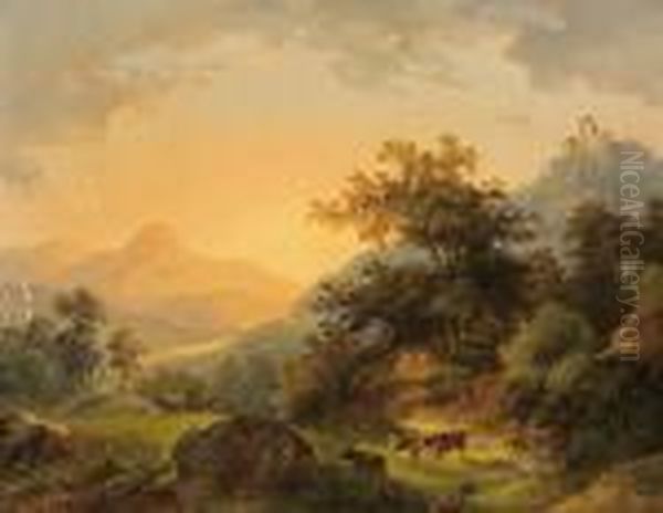 Landschaft Mit Weidevieh Bei Untergehender Sonne Oil Painting by Joseph Altenkopf