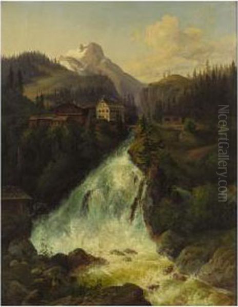 A Waterfall Near Bad Gastein, Austria Oil Painting by Joseph Altenkopf