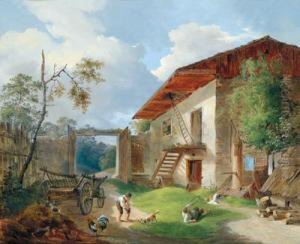 Children Playing Before A Farmhouse Oil Painting by Anton Ii Altmann