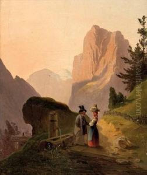 Begegnung Am Brunnen Auf Der Hochalm Oil Painting by Anton Ii Altmann