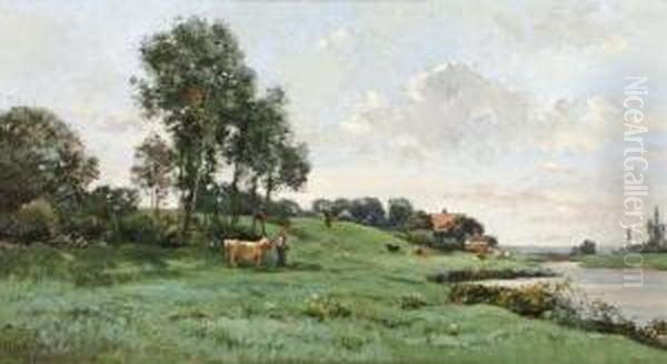 Vaches Pres De La Riviere Oil Painting by Gerard Altmann