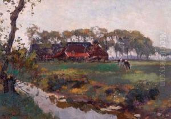 Weidlandschap Met Koe Bij Een Boerderij Oil Painting by Gerard Altmann