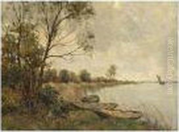 Moored Boats By A Lake Oil Painting by Gerard Altmann