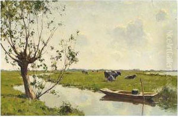 Milking Time; Together With A Landscape By Willem Noordijk Oil Painting by Gerard Altmann