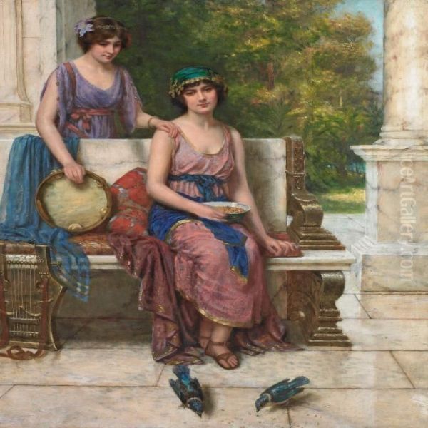 Two Young Ladies Sitting On A Marble Bench Oil Painting by Aby Altson