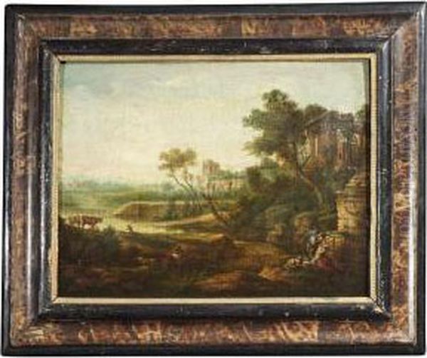 18th Ct. A Classical Landscape With Ruins And Resting Shepherds Oil Painting by German Alvarez Algeciras