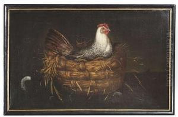 A Hen In A Basket Oil Painting by German Alvarez Algeciras