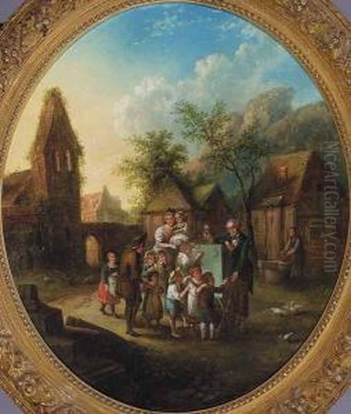 Village Scene Of A Busker Entertaining Children With Dancing Dogs Oil Painting by German Alvarez Algeciras