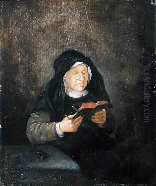 Old Woman Reading, 1650s Oil Painting by Quiringh Gerritsz. van Brekelenkam