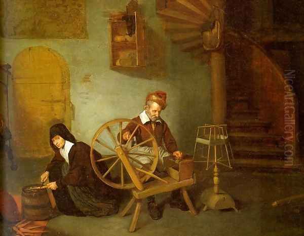 Man Spinning & Woman Scraping Carrots 1653-54 Oil Painting by Quiringh Gerritsz. van Brekelenkam