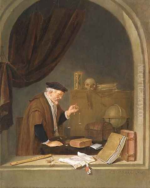 An Old Man Weighing Gold, 1667 Oil Painting by Quiringh Gerritsz. van Brekelenkam