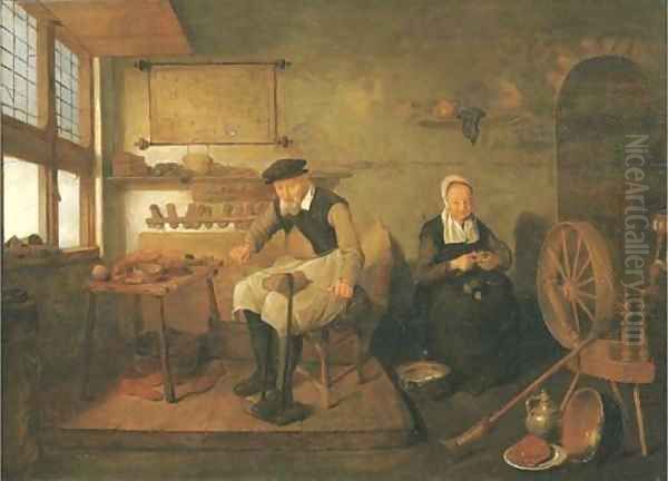 The interior of a cobbler's workshop, with a cobbler at work and a woman peeling onions Oil Painting by Quiringh Gerritsz. van Brekelenkam