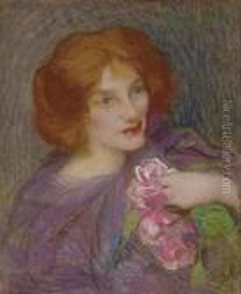 Young Beauty With Flowers Oil Painting by Edmond Aman-Jean