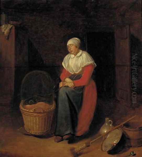 An interior with a woman by a cradle Oil Painting by Quiringh Gerritsz. van Brekelenkam