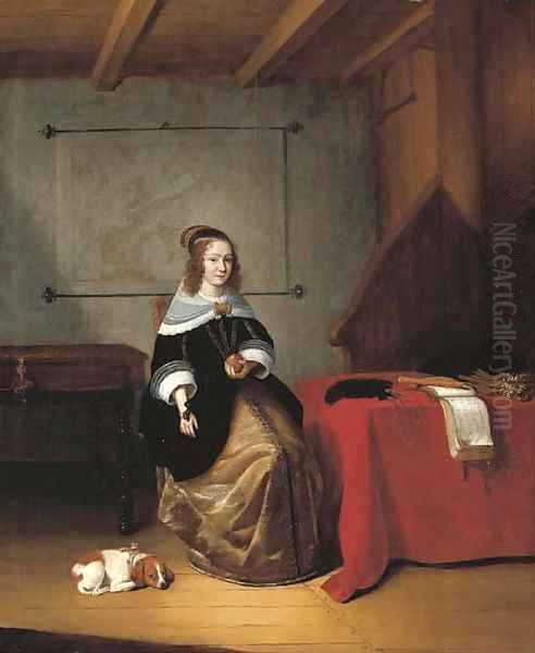 An interior with a woman seated holding an orange by a draped table, a dog at her side, a map of Europe and a spinet behind Oil Painting by Quiringh Gerritsz. van Brekelenkam