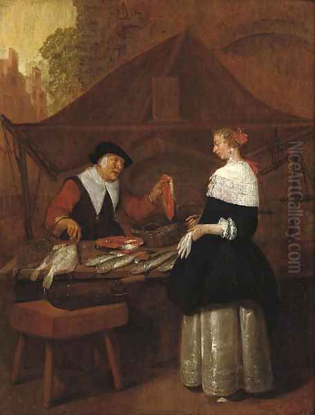 A fishmonger selling her wares to an elegant lady at a stall Oil Painting by Quiringh Gerritsz. van Brekelenkam