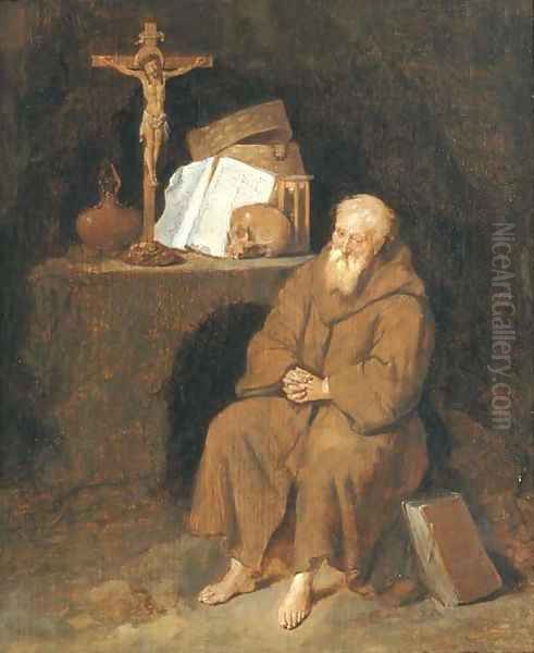 A hermit seated by an altar in a grotto Oil Painting by Quiringh Gerritsz. van Brekelenkam