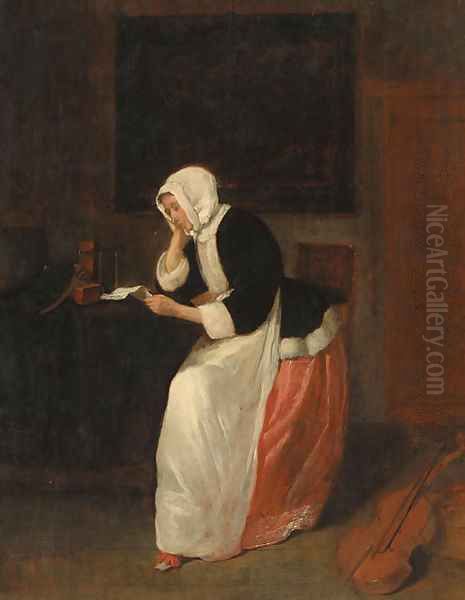 A lady reading a letter in an interior Oil Painting by Quiringh Gerritsz. van Brekelenkam