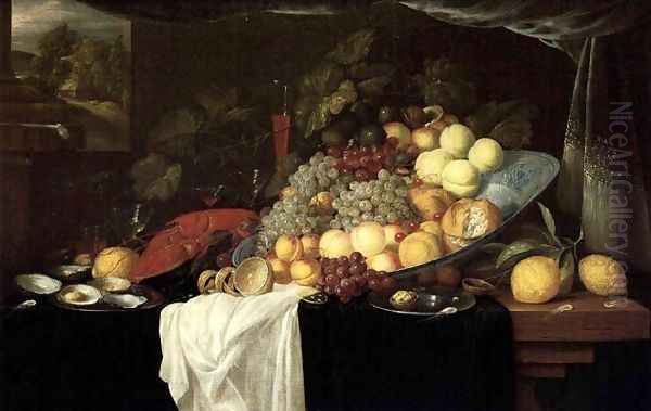 Elaborate Still life of fruit with a lobster and oysters, a landscape beyond Oil Painting by Andries Benedetti