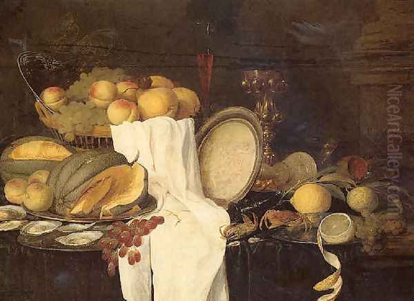 Still life of melons, grapes, oysters, crab and lemons on pewter plates, with a basket of fruit, wineglasses and a gilt cup Oil Painting by Andries Benedetti